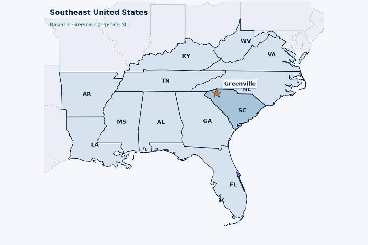 Map of Southeast United States states with Greenville, South Carolina marked