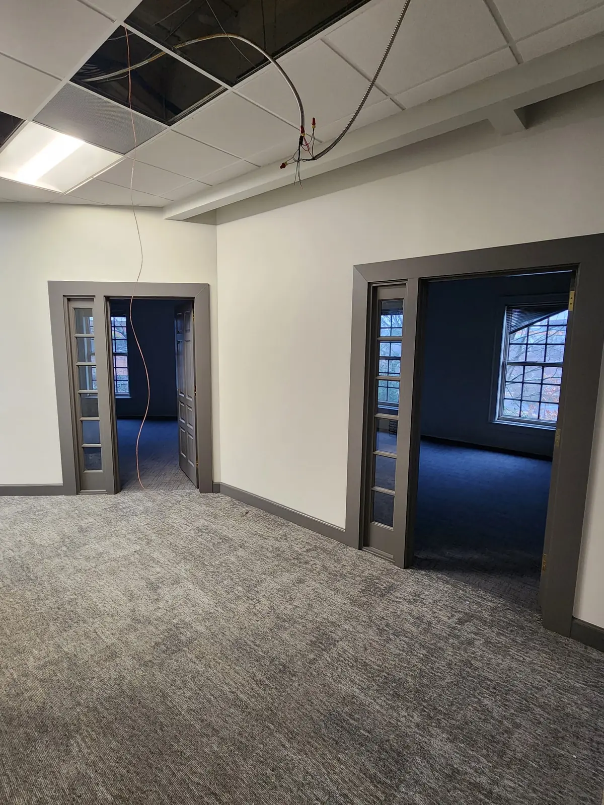 Finished tenant improvement office suite with new carpet and gray-trimmed doors